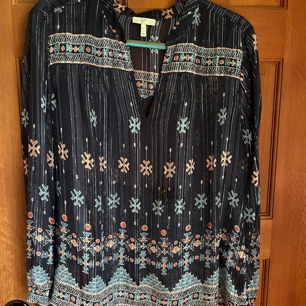 Joie Navy Abstract Print Sheer Silk Blouse (Size Medium)